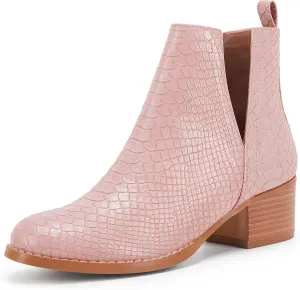 LAICIGO Women's V Cut Ankle Booties Low Stacked Heel Closed Toe Perforated Slipon Faux Leather Western Boots