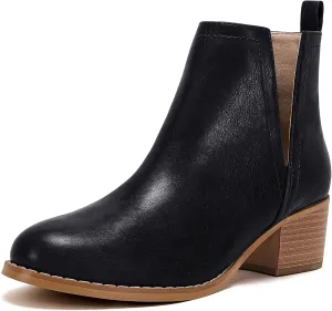 LAICIGO Women's V Cut Ankle Booties Low Stacked Heel Closed Toe Perforated Slipon Faux Leather Western Boots
