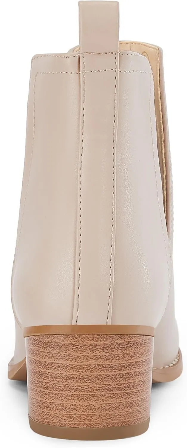LAICIGO Women's V Cut Ankle Booties Low Stacked Heel Closed Toe Perforated Slipon Faux Leather Western Boots