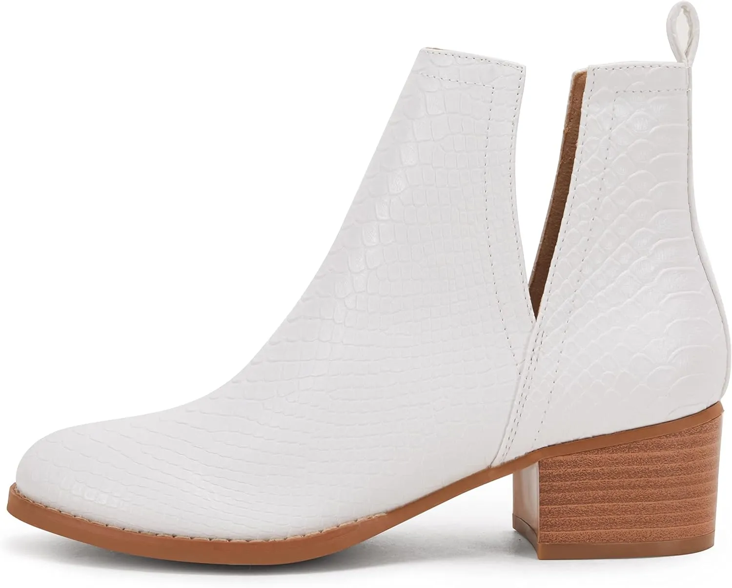 LAICIGO Women's V Cut Ankle Booties Low Stacked Heel Closed Toe Perforated Slipon Faux Leather Western Boots