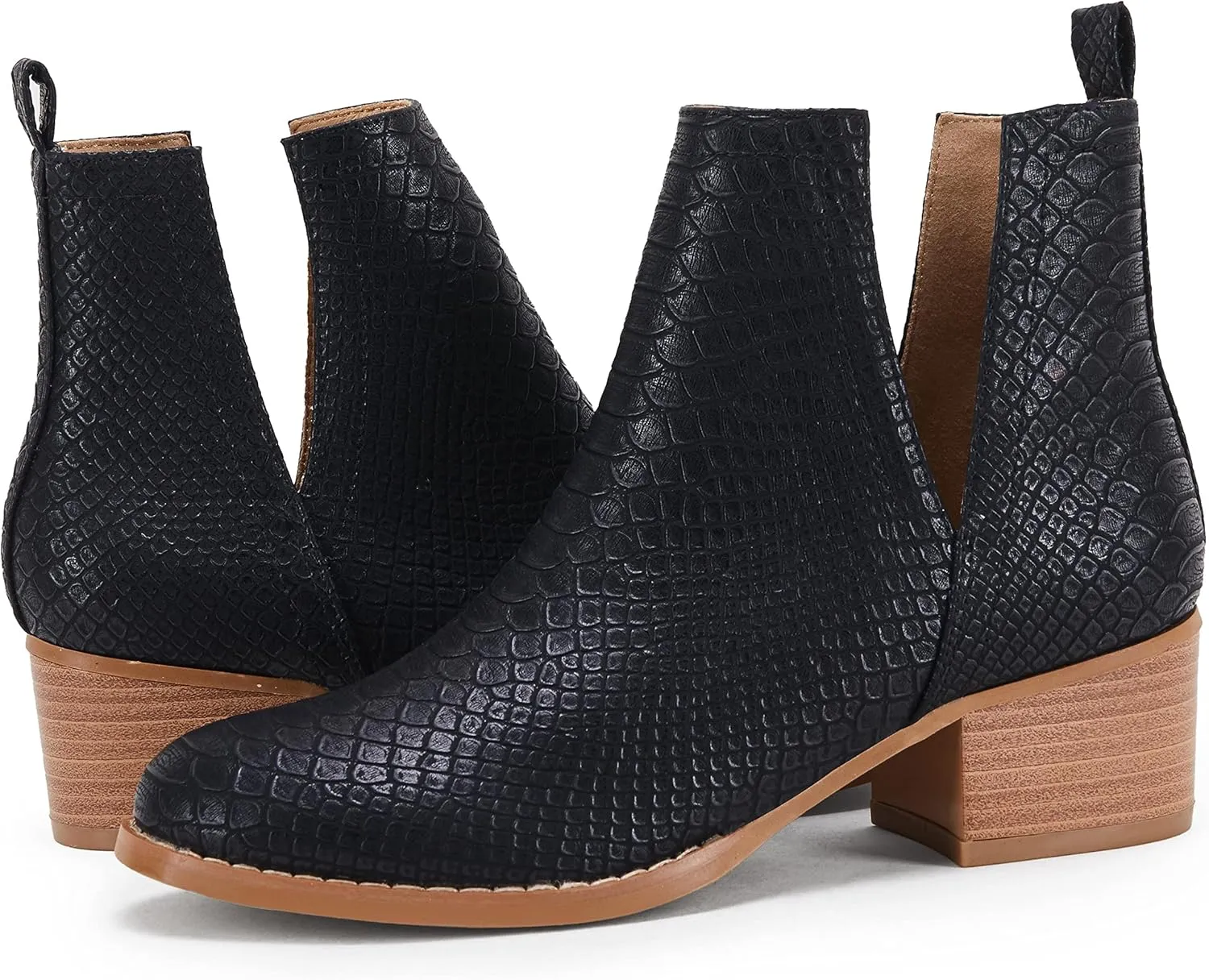 LAICIGO Women's V Cut Ankle Booties Low Stacked Heel Closed Toe Perforated Slipon Faux Leather Western Boots