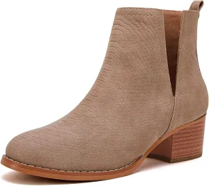 LAICIGO Women's V Cut Ankle Booties Low Stacked Heel Closed Toe Perforated Slipon Faux Leather Western Boots