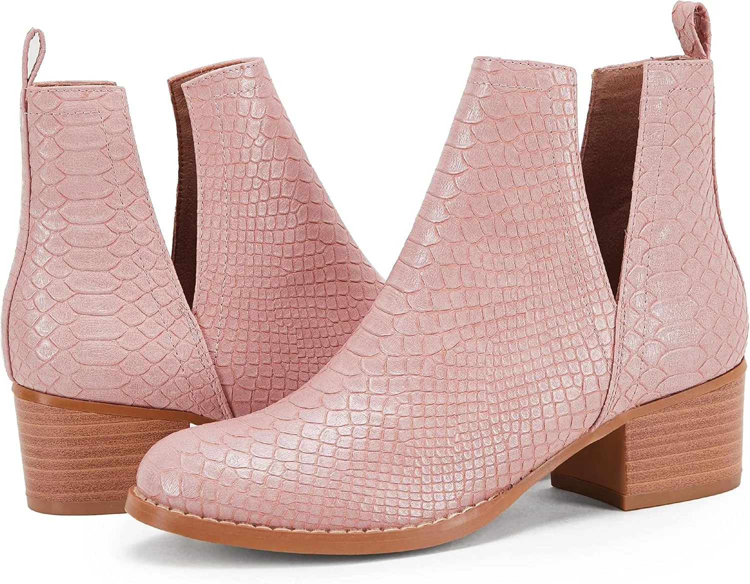 LAICIGO Women's V Cut Ankle Booties Low Stacked Heel Closed Toe Perforated Slipon Faux Leather Western Boots