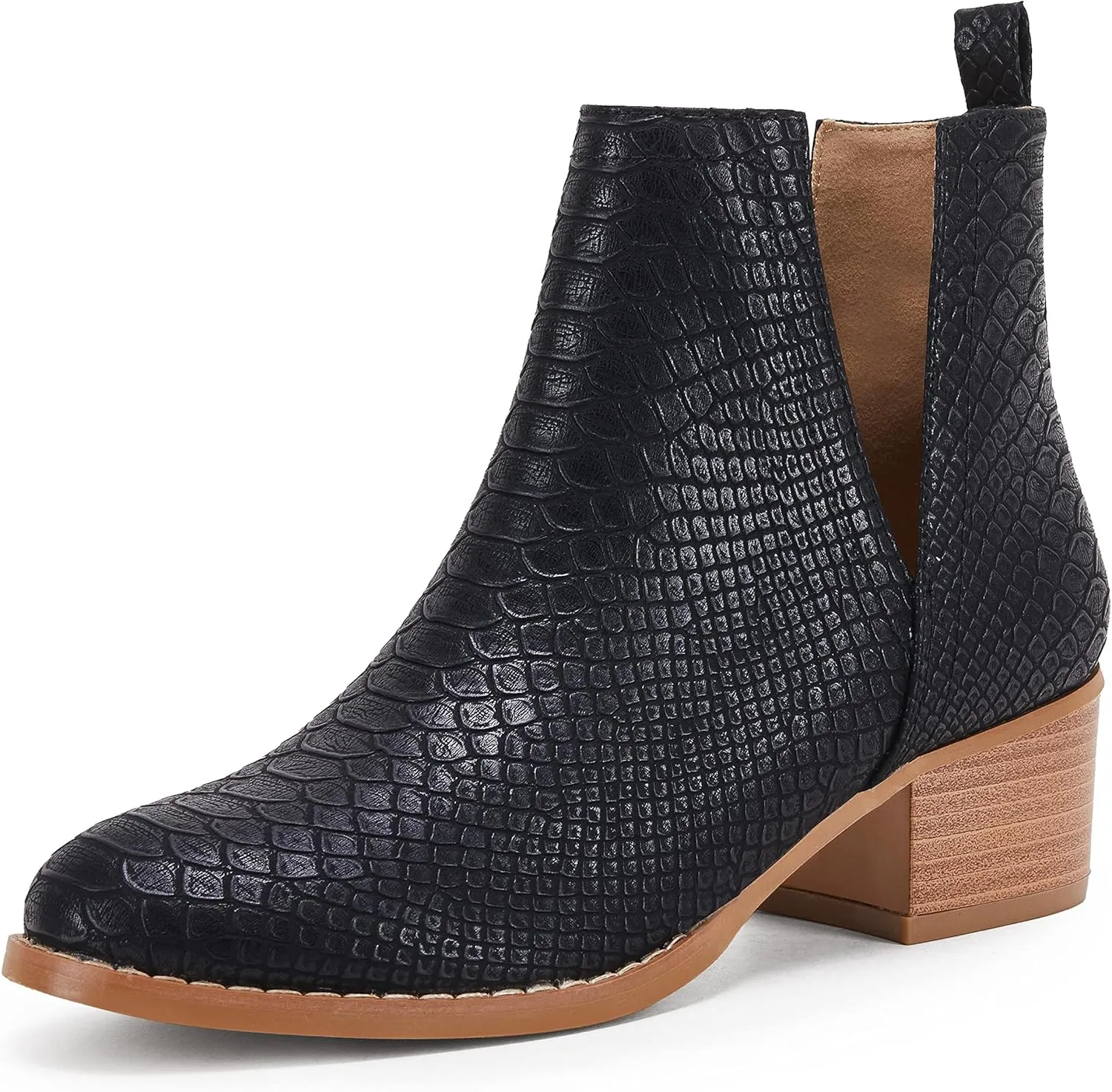 LAICIGO Women's V Cut Ankle Booties Low Stacked Heel Closed Toe Perforated Slipon Faux Leather Western Boots