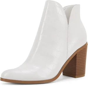 LAICIGO Womens V Cut Ankle Boots Side Zipper Chunky Stacked Heel Snakeskin Booties Shoes