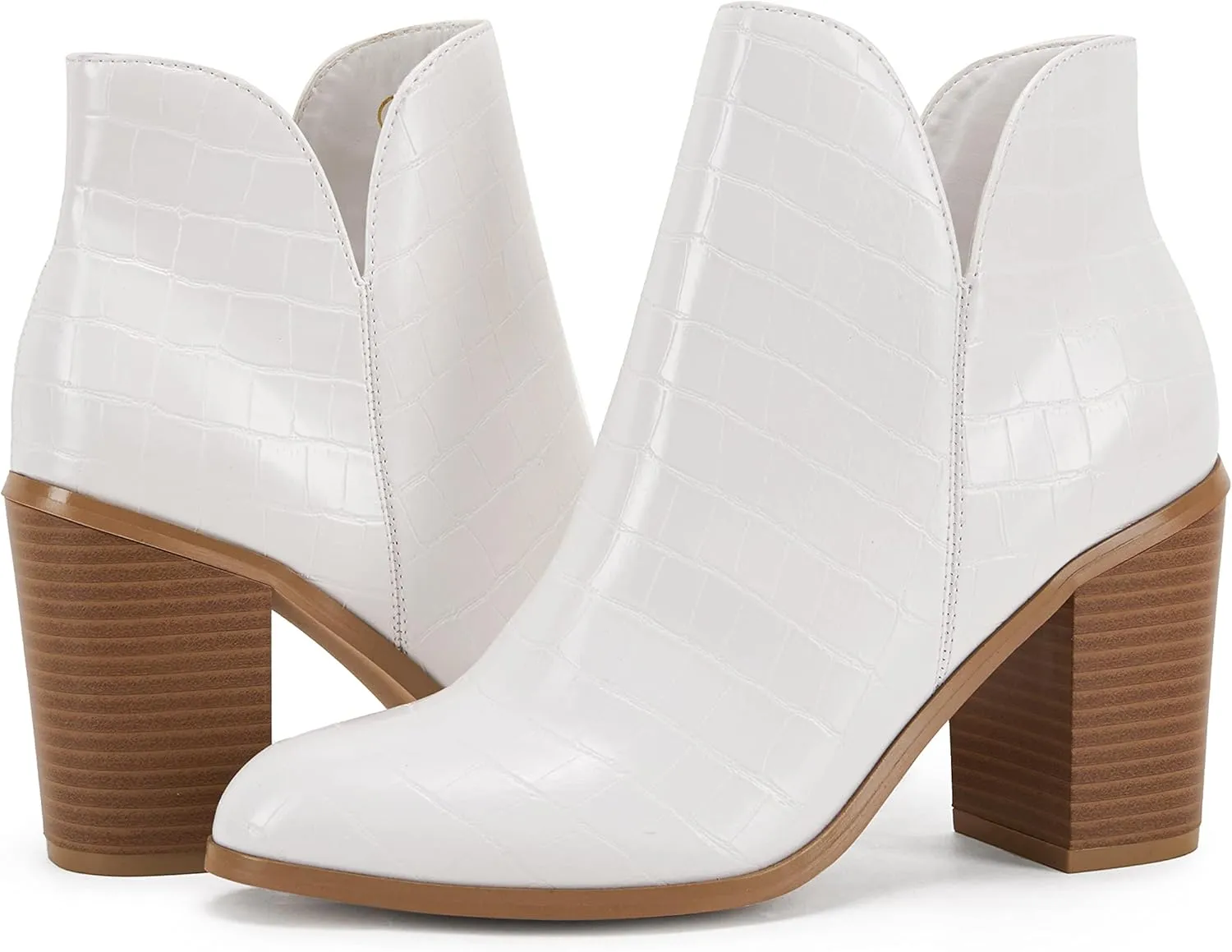 LAICIGO Womens V Cut Ankle Boots Side Zipper Chunky Stacked Heel Snakeskin Booties Shoes