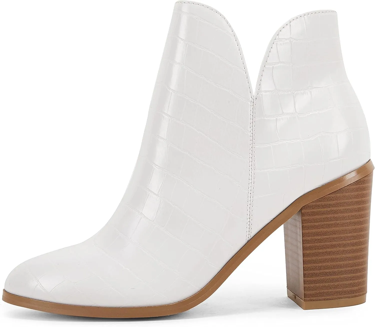 LAICIGO Womens V Cut Ankle Boots Side Zipper Chunky Stacked Heel Snakeskin Booties Shoes