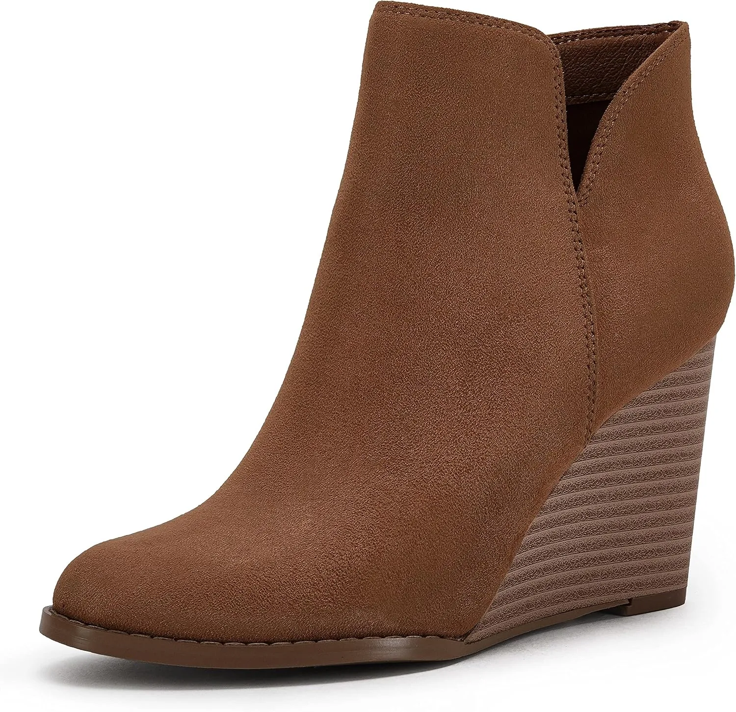 LAICIGO Womens V Cut Wedge Ankle Booties Zip-up Closed Toe Stacked Heel Faux Suede Winter Boots