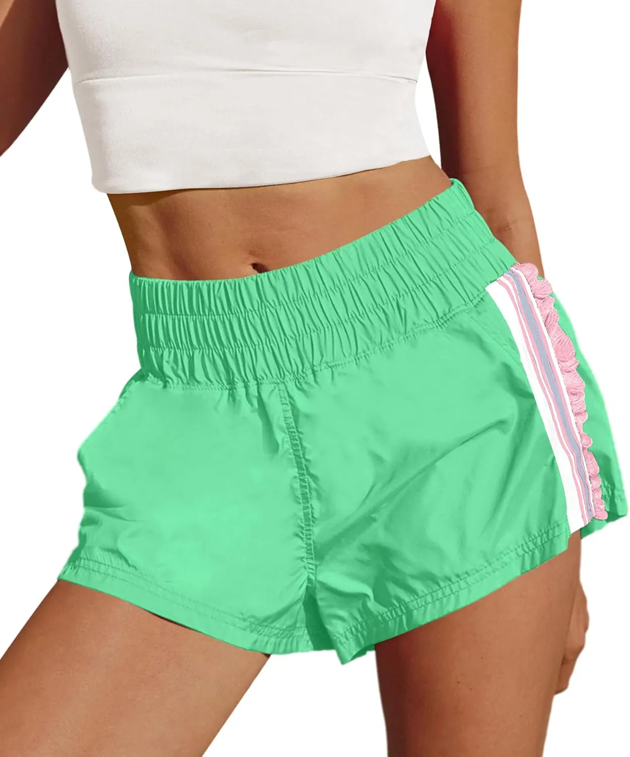 LAMISSCHE Womens Running Shorts Athletic High Waisted Biker Shorts Summer Workout Quick Dry Striped Ruffle Short