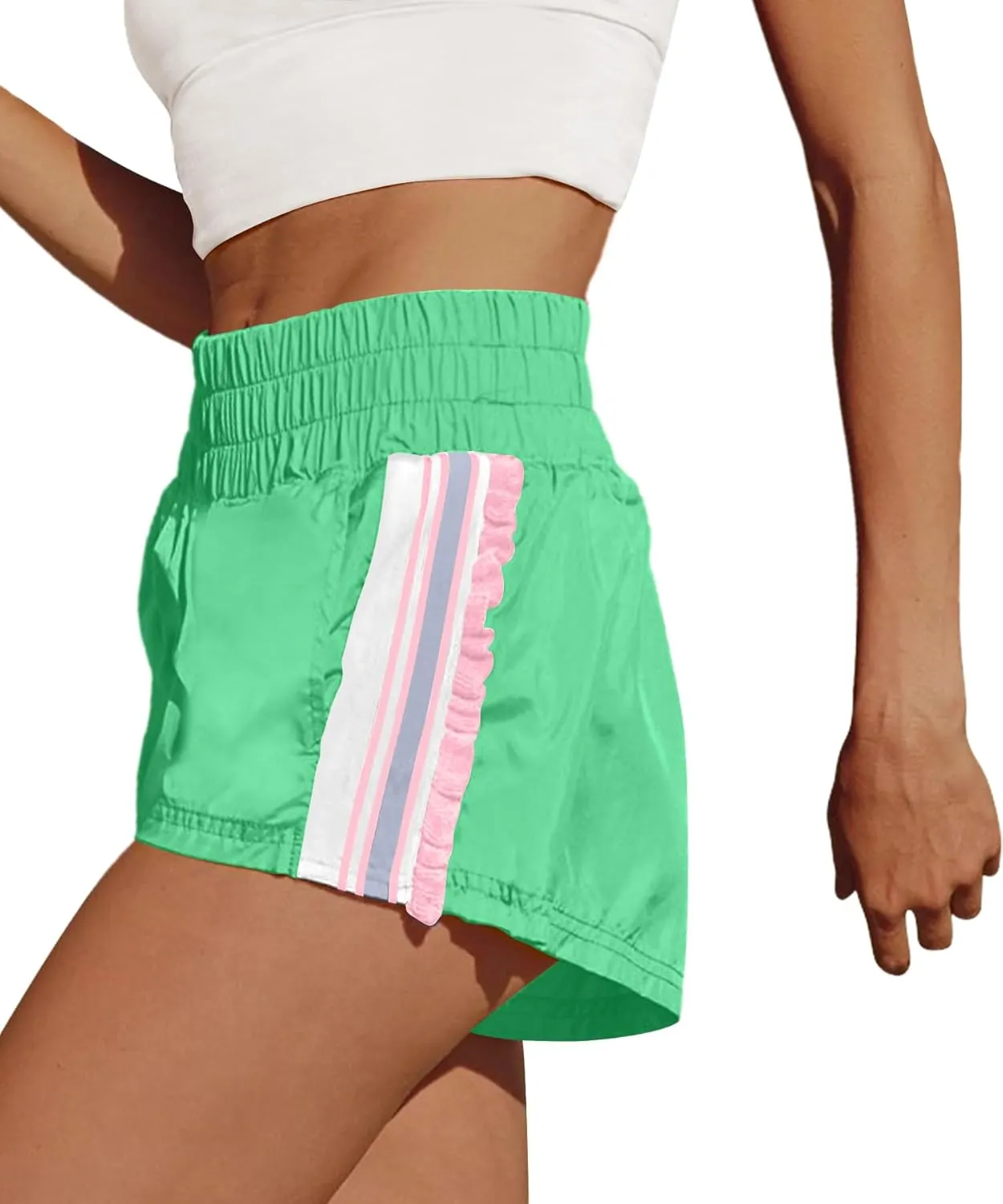 LAMISSCHE Womens Running Shorts Athletic High Waisted Biker Shorts Summer Workout Quick Dry Striped Ruffle Short