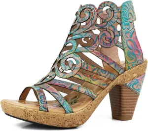 Leahter Heeled Sandals Women Sandals with Heel Summer Open Toe Chunky Heel Sandals Shoes Block High Heel Dress Sandals Lace-up Sandals Handmade Retro High-Heeled Sandals Colorful Flower Vintage