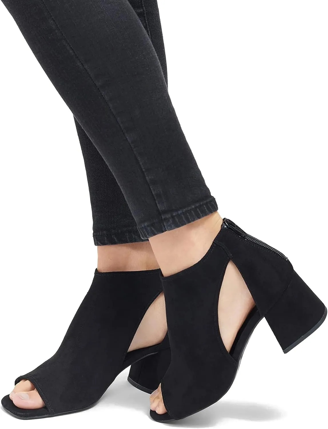 LEHOOR Women Chunky High Heel Booties Suede Open Toe Side Cut-Out Ankle Boots Back Zipper Matte 2” Block Stacked Heel Summer Casual Dress Heeled Ankle Sandal Booties Size 4-13 M US