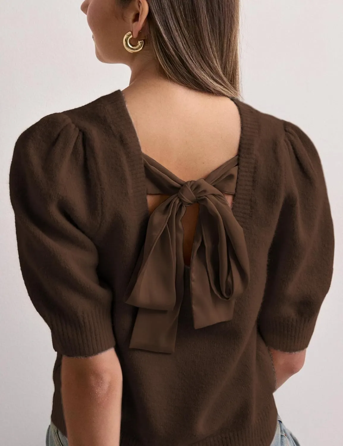 Lentta Women's Bow Knit Sweater Trendy Backless Tie Puff Short Sleeve Crewneck Knitted Pullover Tops