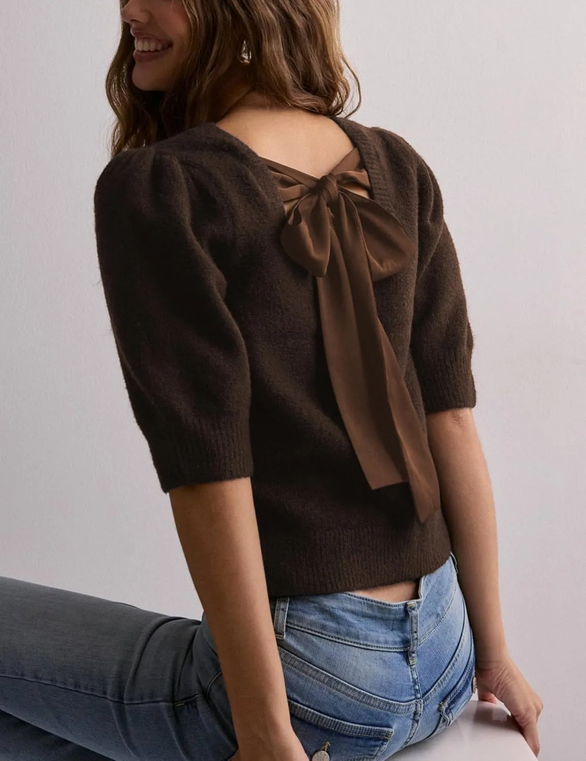 Lentta Women's Bow Knit Sweater Trendy Backless Tie Puff Short Sleeve Crewneck Knitted Pullover Tops