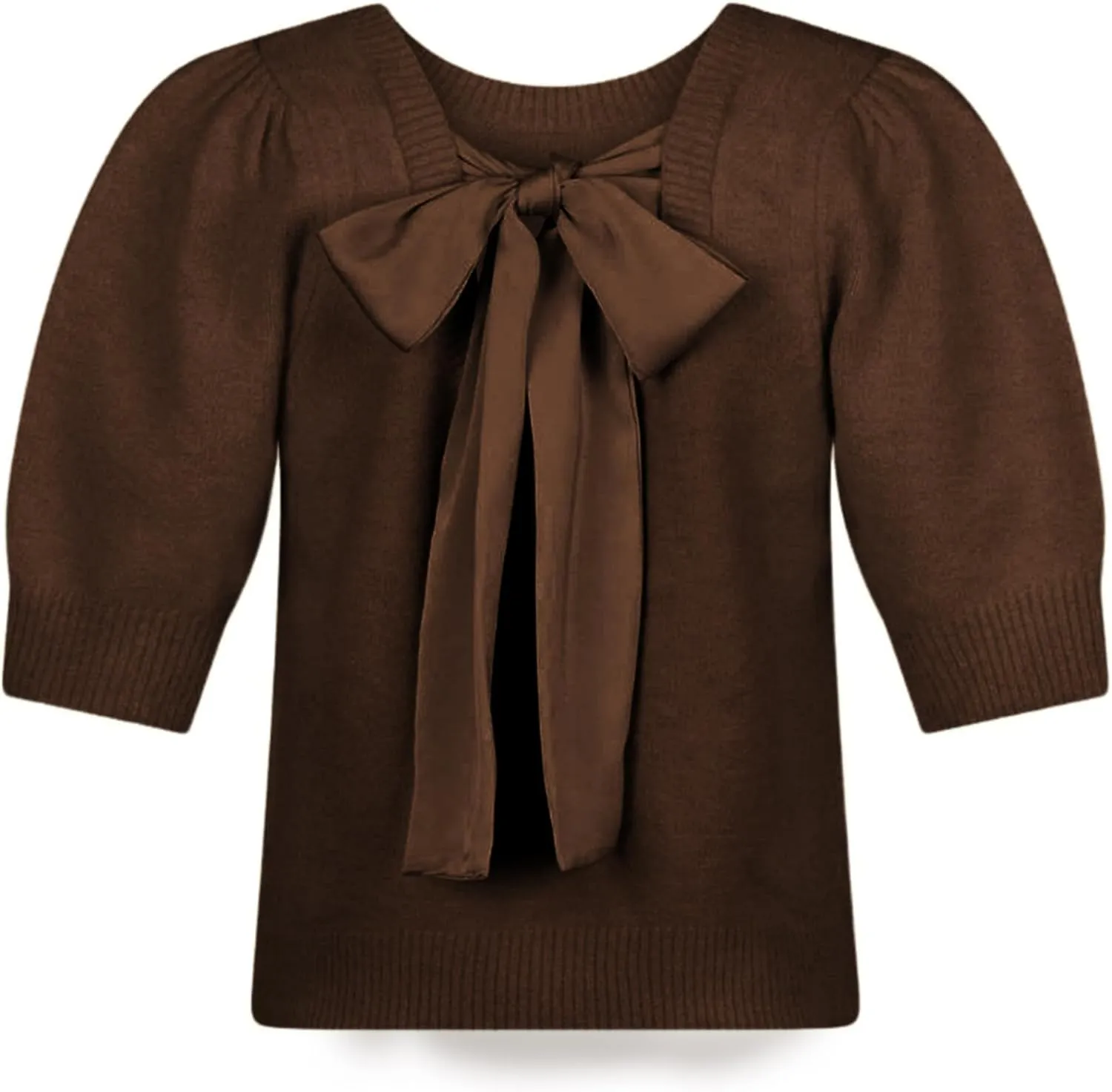 Lentta Women's Bow Knit Sweater Trendy Backless Tie Puff Short Sleeve Crewneck Knitted Pullover Tops