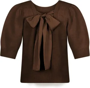 Lentta Women's Bow Knit Sweater Trendy Backless Tie Puff Short Sleeve Crewneck Knitted Pullover Tops