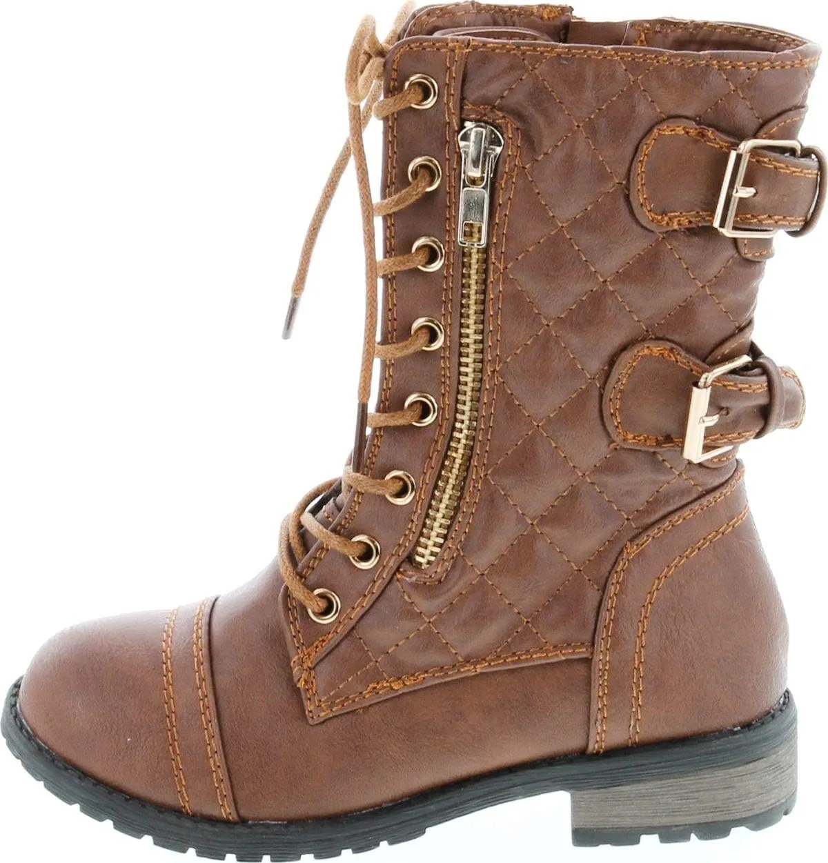 Link Girls Mango-79 Kids Combat Lace Up Quilted Dual Buckle Zip Decor Mid Calf Motorcycle Boots