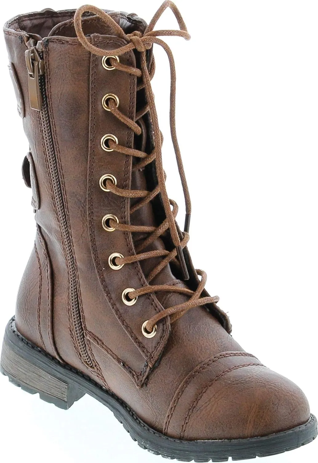 Link Girls Mango-79 Kids Combat Lace Up Quilted Dual Buckle Zip Decor Mid Calf Motorcycle Boots