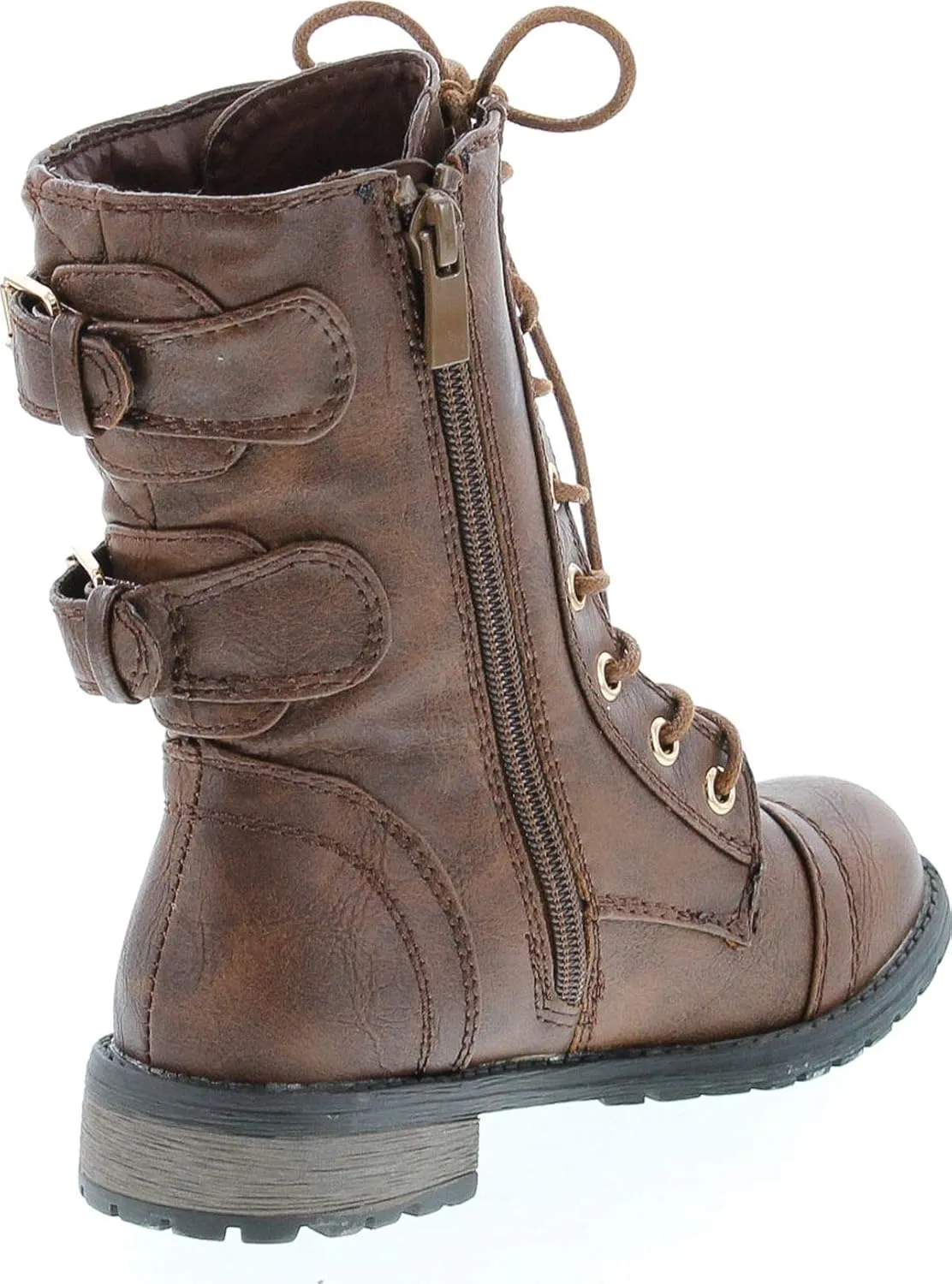 Link Girls Mango-79 Kids Combat Lace Up Quilted Dual Buckle Zip Decor Mid Calf Motorcycle Boots
