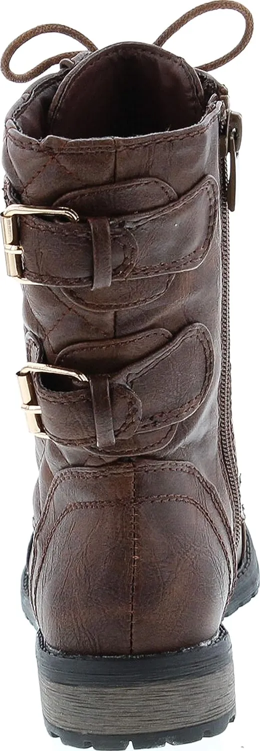 Link Girls Mango-79 Kids Combat Lace Up Quilted Dual Buckle Zip Decor Mid Calf Motorcycle Boots