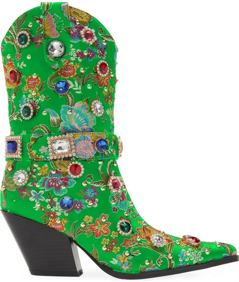 LOCERICH Women Rhinestone Cowboy Sparkly Cowgirl Boots Diamond Western Floral Embroidery Mid Calf Booties