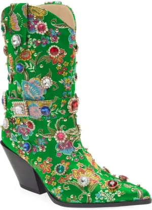 LOCERICH Women Rhinestone Cowboy Sparkly Cowgirl Boots Diamond Western Floral Embroidery Mid Calf Booties