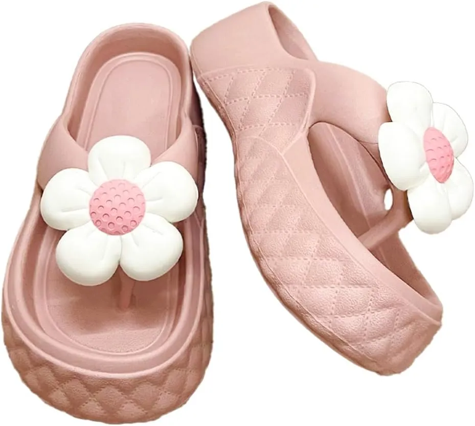 Loizziuy Floral Slippers for Women Summer Y2k Shoes Flip Flops Elevated Thick Sole for Beach Travel Casual Outdoors T-Strap Sandals
