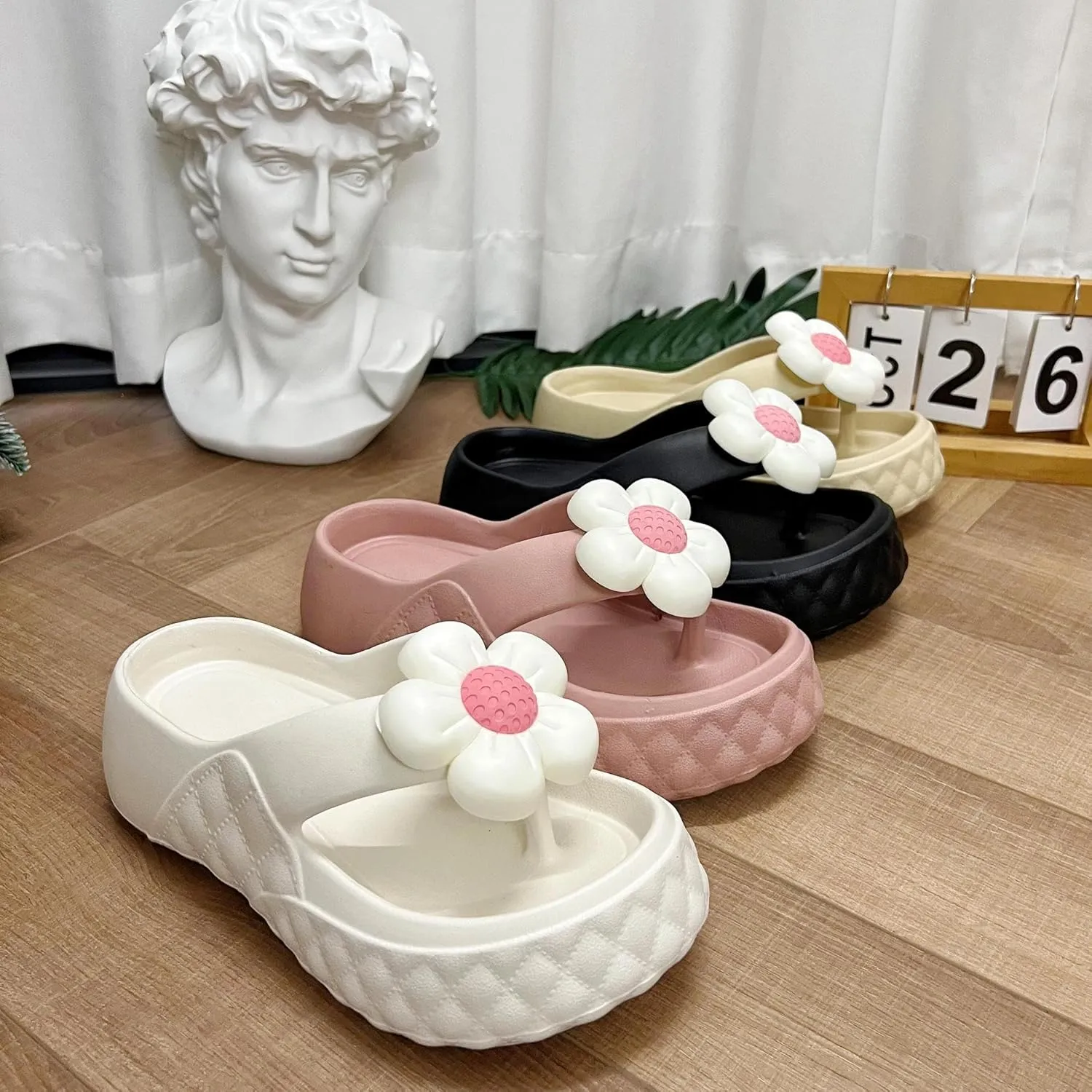 Loizziuy Floral Slippers for Women Summer Y2k Shoes Flip Flops Elevated Thick Sole for Beach Travel Casual Outdoors T-Strap Sandals