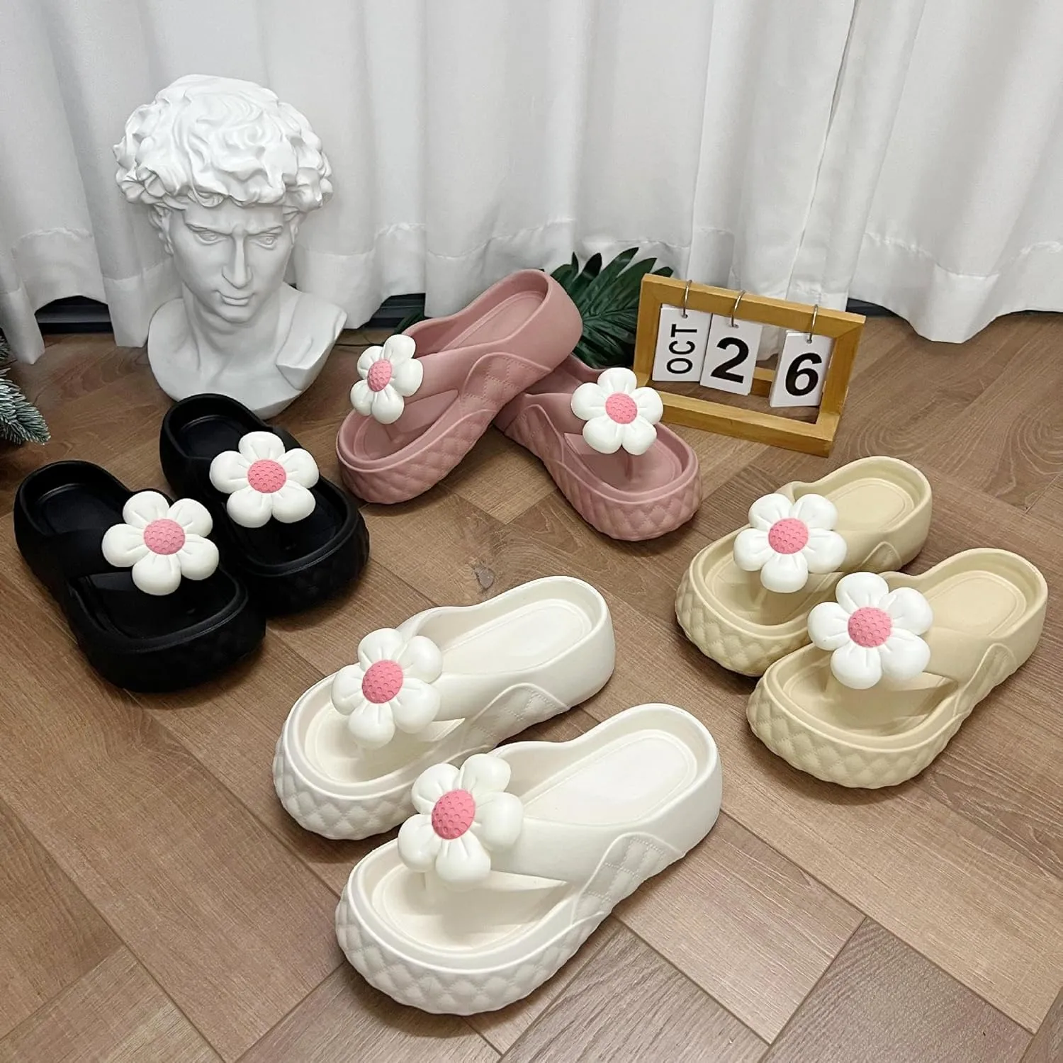 Loizziuy Floral Slippers for Women Summer Y2k Shoes Flip Flops Elevated Thick Sole for Beach Travel Casual Outdoors T-Strap Sandals