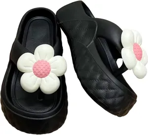 Loizziuy Floral Slippers for Women Summer Y2k Shoes Flip Flops Elevated Thick Sole for Beach Travel Casual Outdoors T-Strap Sandals
