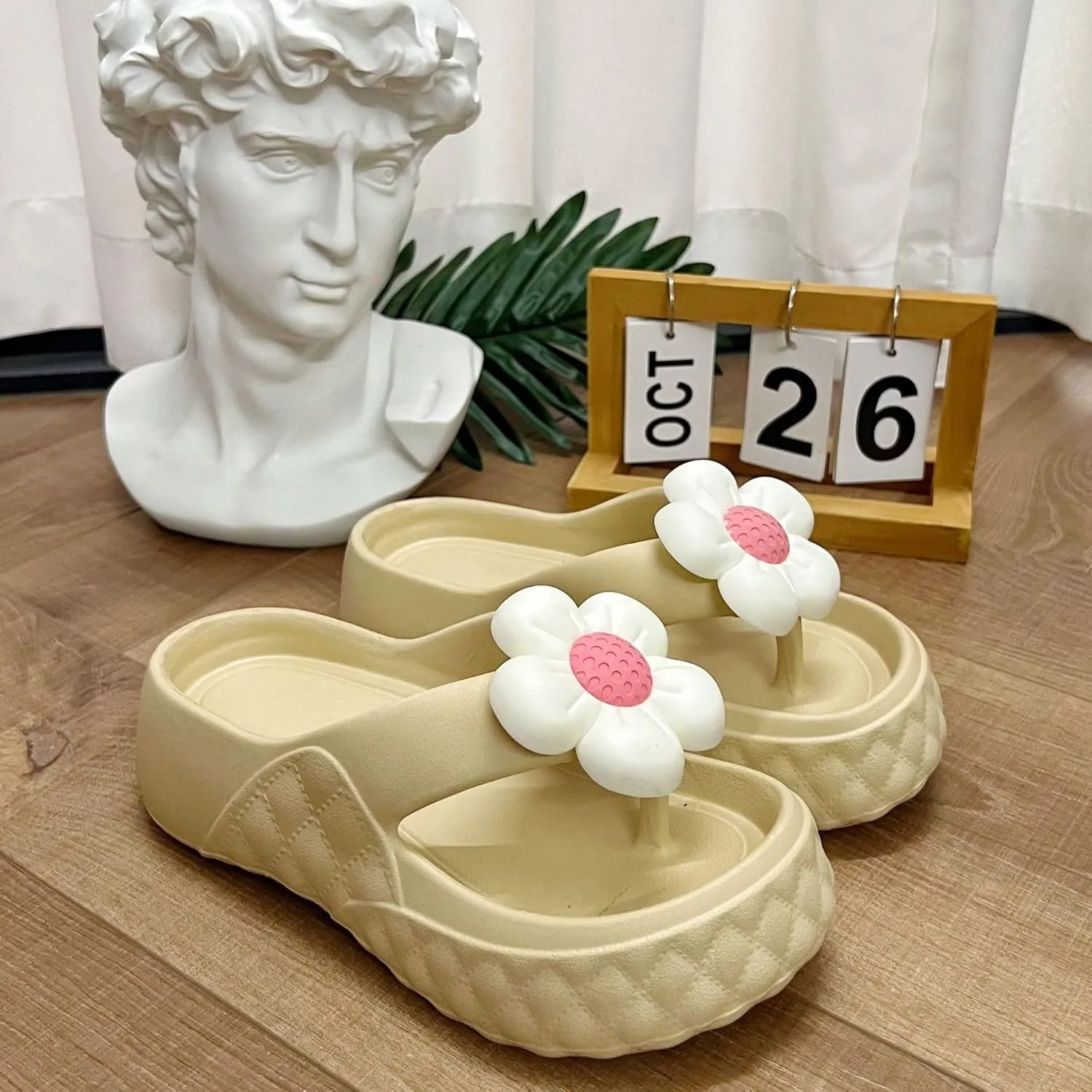 Loizziuy Floral Slippers for Women Summer Y2k Shoes Flip Flops Elevated Thick Sole for Beach Travel Casual Outdoors T-Strap Sandals
