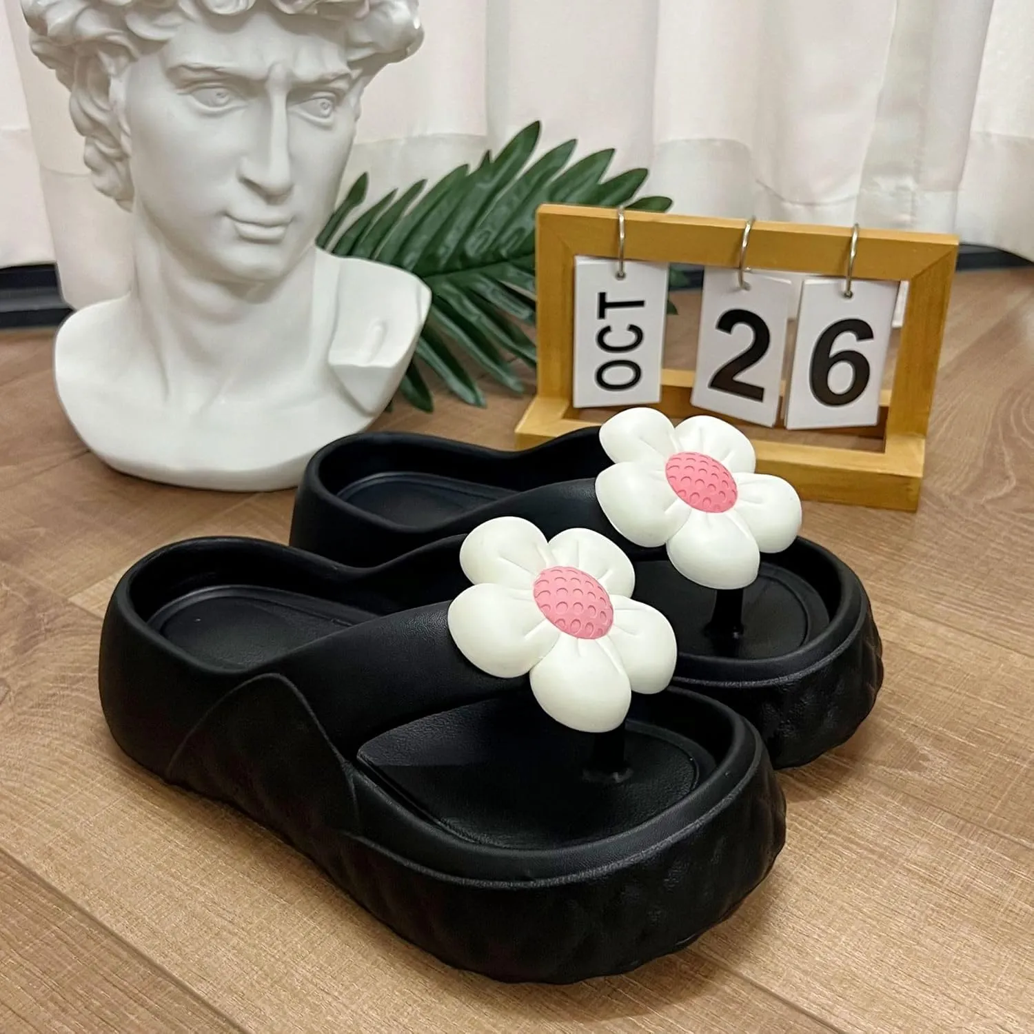 Loizziuy Floral Slippers for Women Summer Y2k Shoes Flip Flops Elevated Thick Sole for Beach Travel Casual Outdoors T-Strap Sandals
