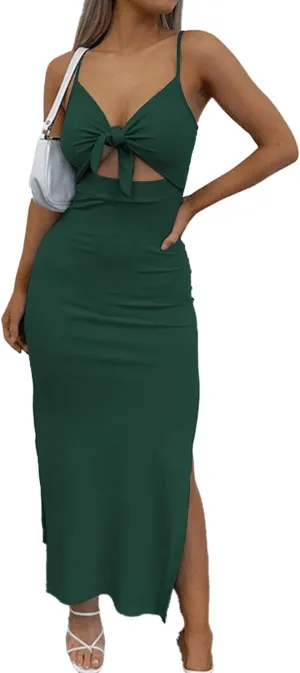 LYANER Women's Tie Knot Cut Out Side Split Hem Sleeveless Knit Bodycon Maxi Dress