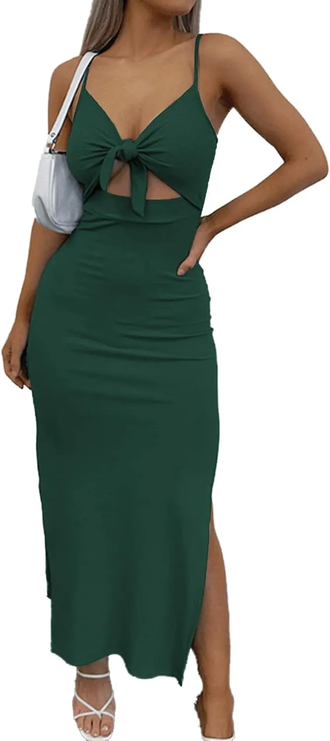 LYANER Women's Tie Knot Cut Out Side Split Hem Sleeveless Knit Bodycon Maxi Dress