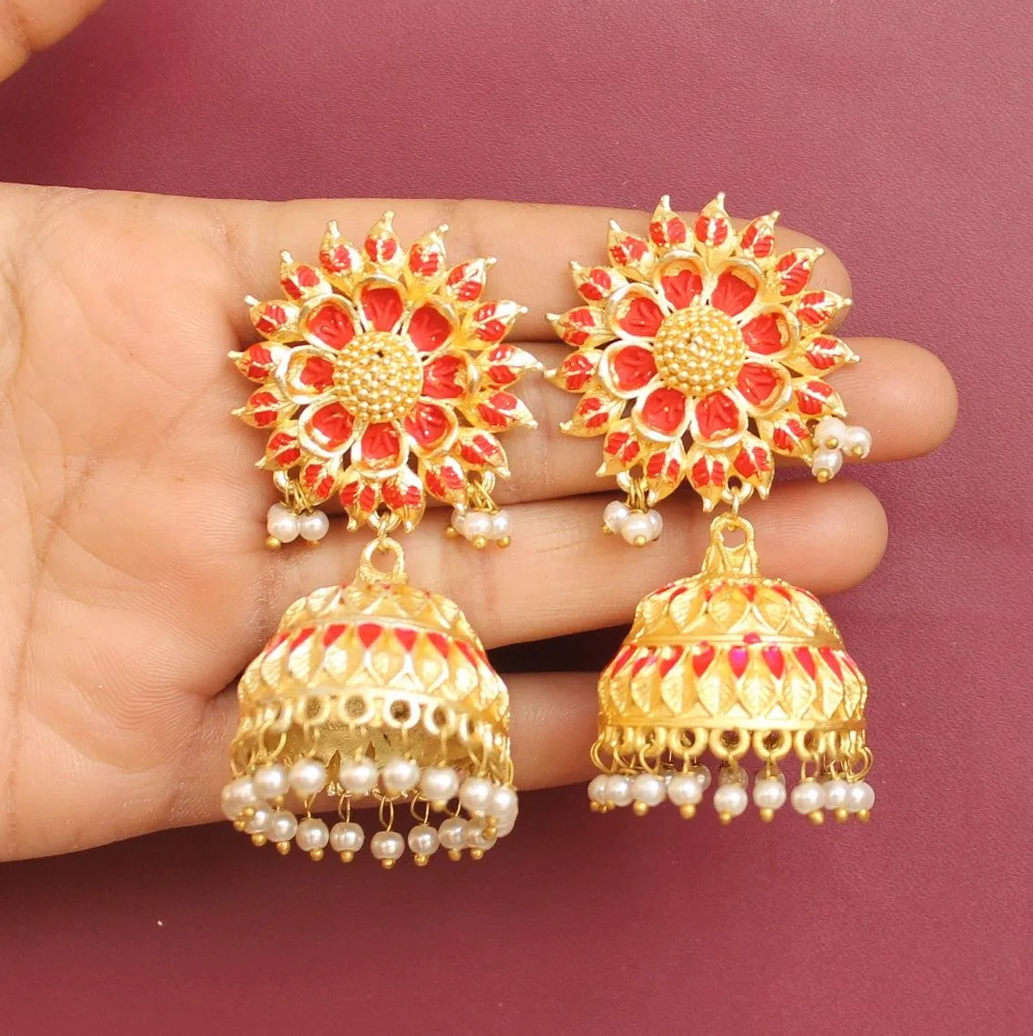 Matte Finish Meenakari Ethnic Designer Jhumka Earrings