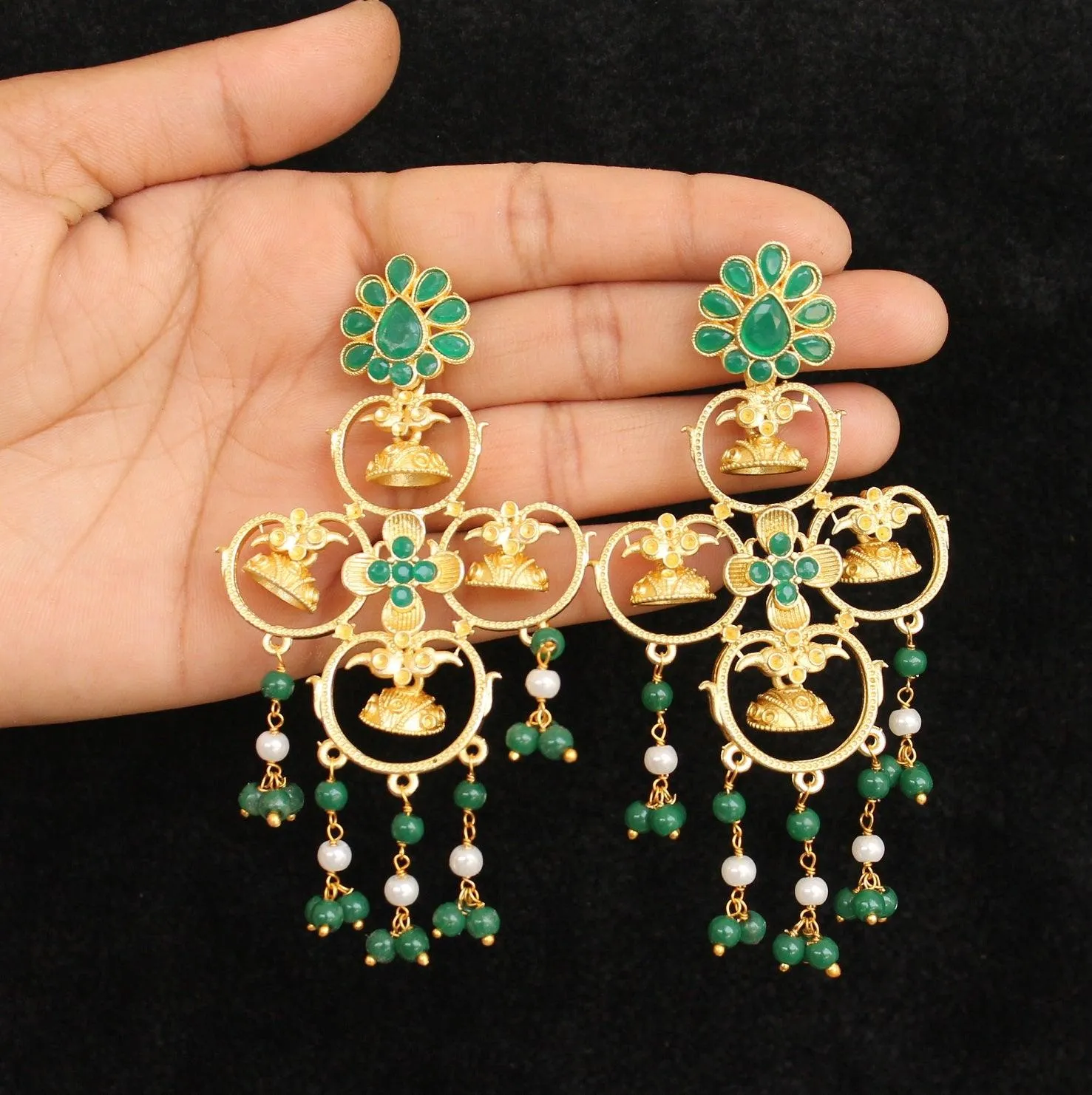 Matte Finish Stone Ethnic Earrings Green