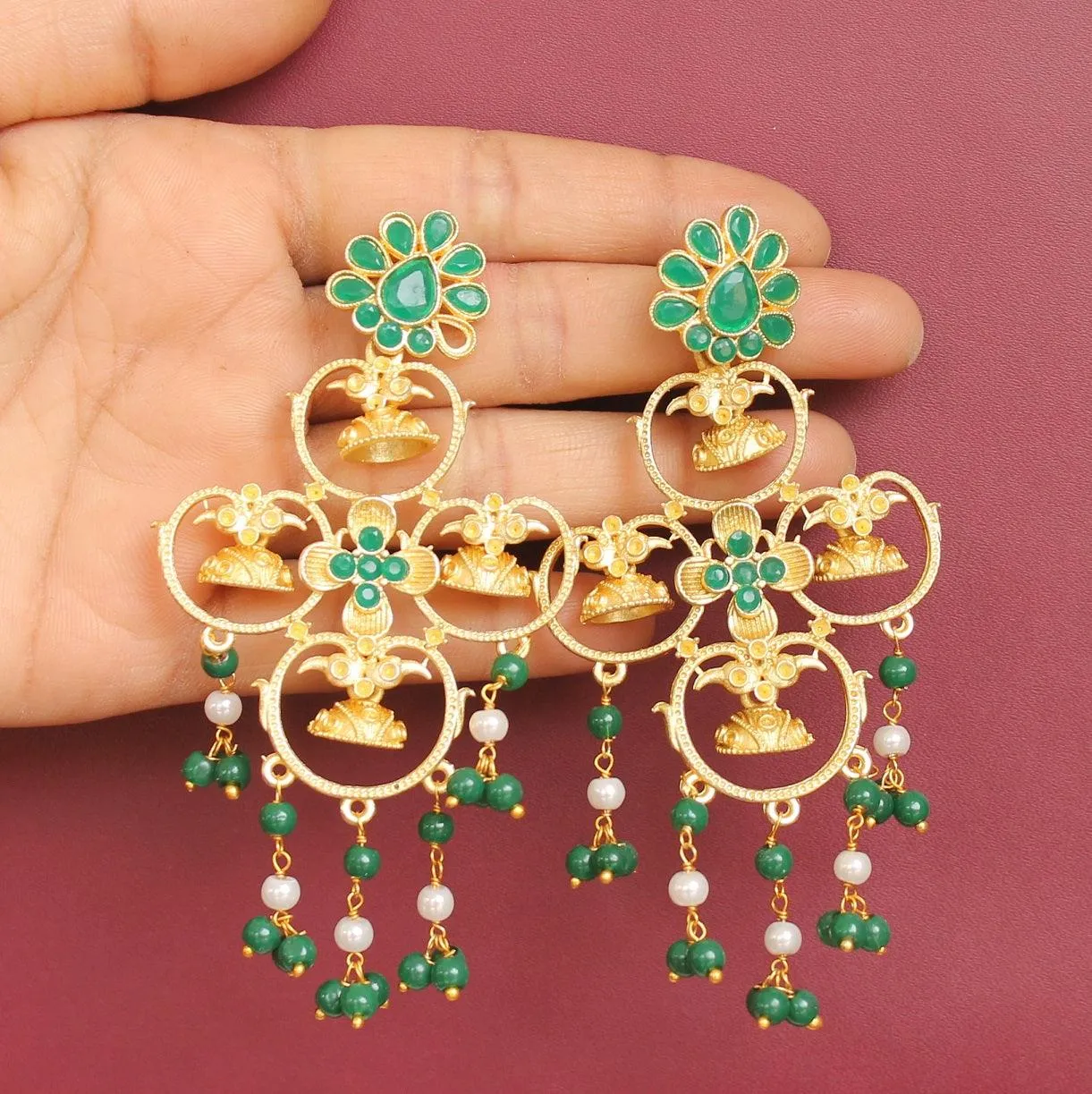 Matte Finish Stone Ethnic Earrings Green
