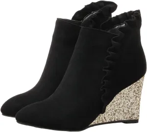 Meefit Women Glitter Wedge Ankle Boots Pointed Toe Sparkly High Heel Booties Ruffles