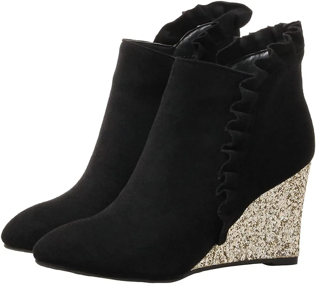 Meefit Women Glitter Wedge Ankle Boots Pointed Toe Sparkly High Heel Booties Ruffles