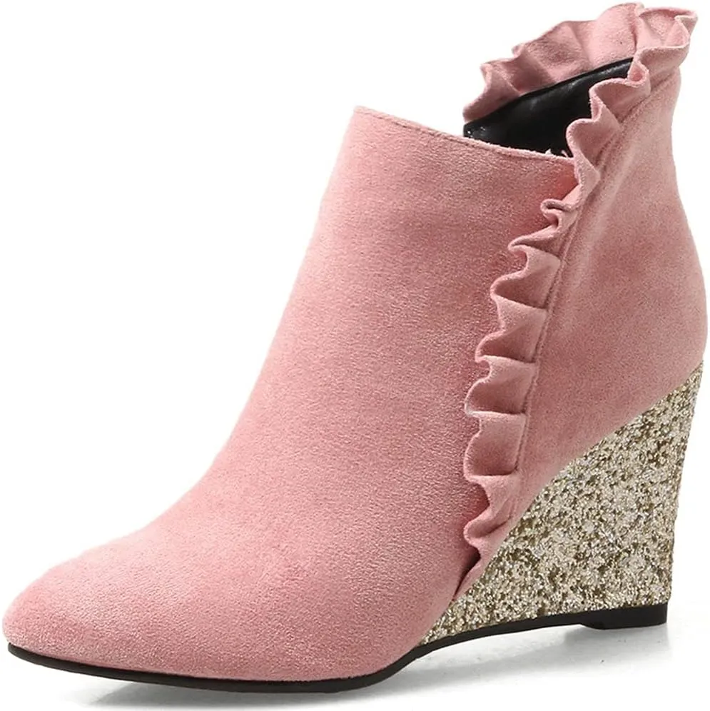 Meefit Women Glitter Wedge Ankle Boots Pointed Toe Sparkly High Heel Booties Ruffles