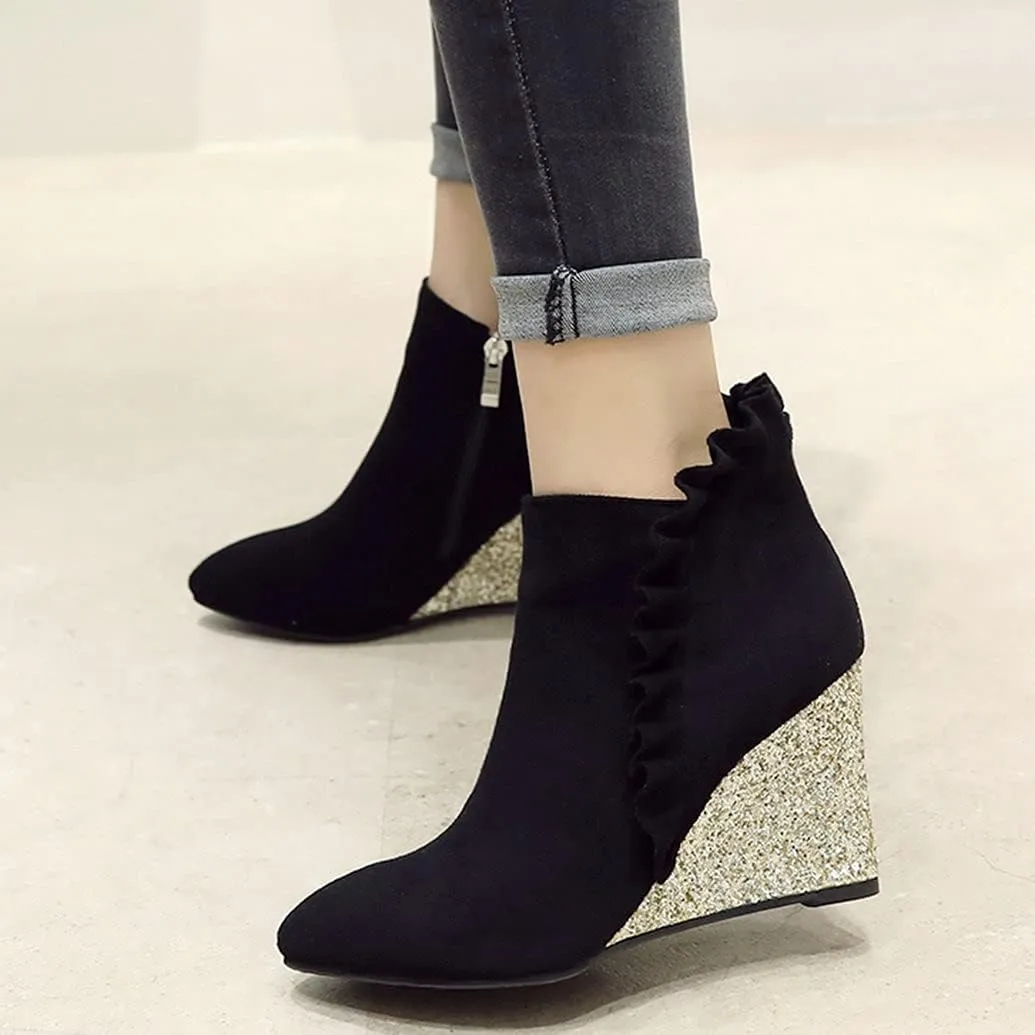 Meefit Women Glitter Wedge Ankle Boots Pointed Toe Sparkly High Heel Booties Ruffles