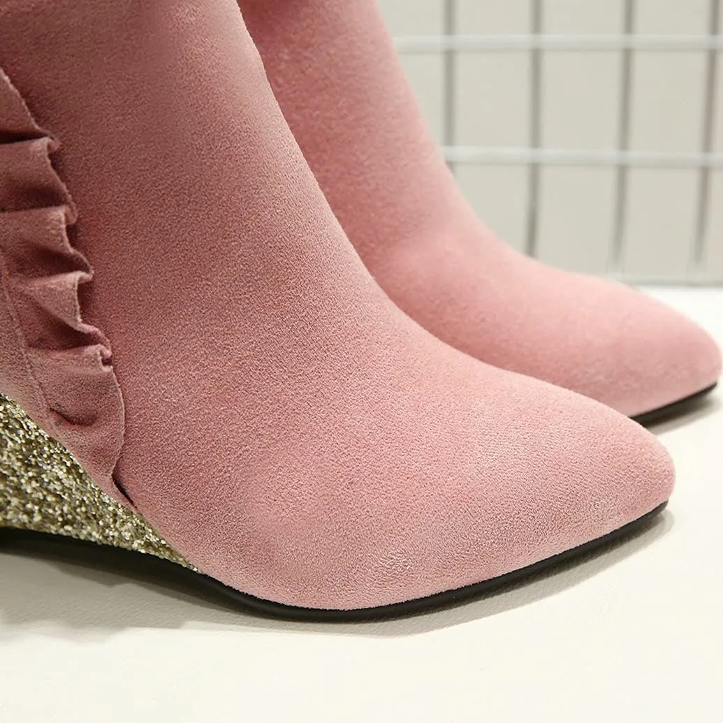 Meefit Women Glitter Wedge Ankle Boots Pointed Toe Sparkly High Heel Booties Ruffles