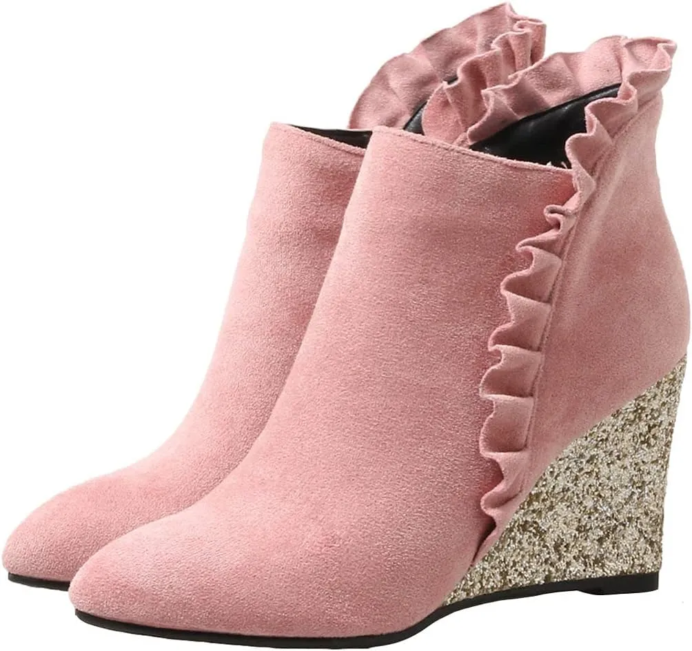 Meefit Women Glitter Wedge Ankle Boots Pointed Toe Sparkly High Heel Booties Ruffles