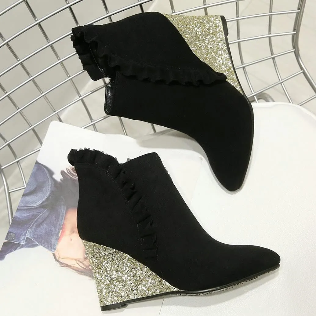 Meefit Women Glitter Wedge Ankle Boots Pointed Toe Sparkly High Heel Booties Ruffles