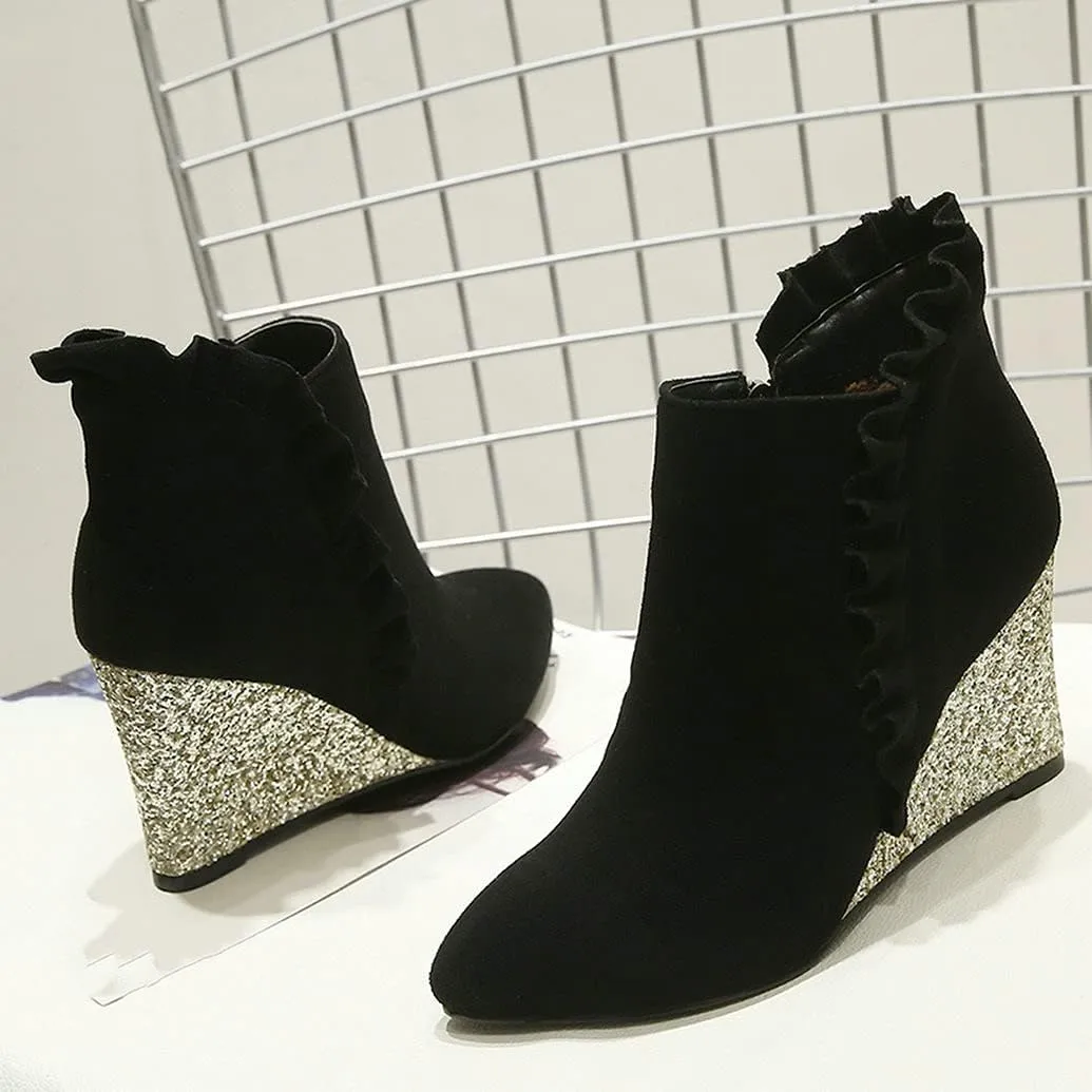 Meefit Women Glitter Wedge Ankle Boots Pointed Toe Sparkly High Heel Booties Ruffles