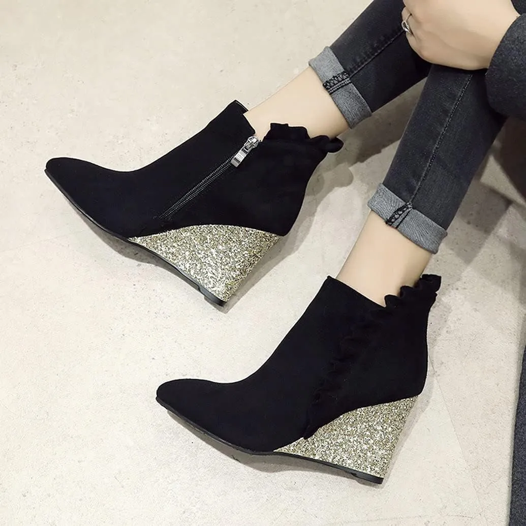 Meefit Women Glitter Wedge Ankle Boots Pointed Toe Sparkly High Heel Booties Ruffles