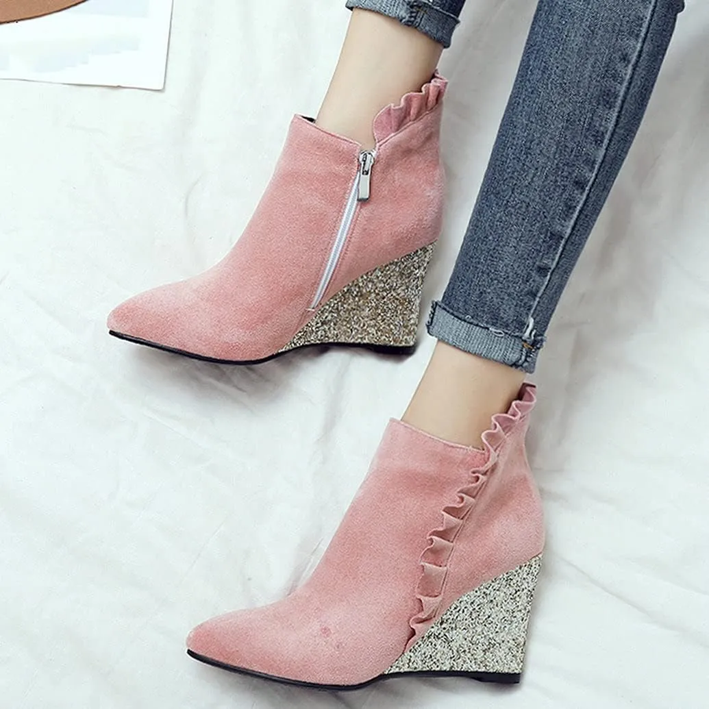 Meefit Women Glitter Wedge Ankle Boots Pointed Toe Sparkly High Heel Booties Ruffles