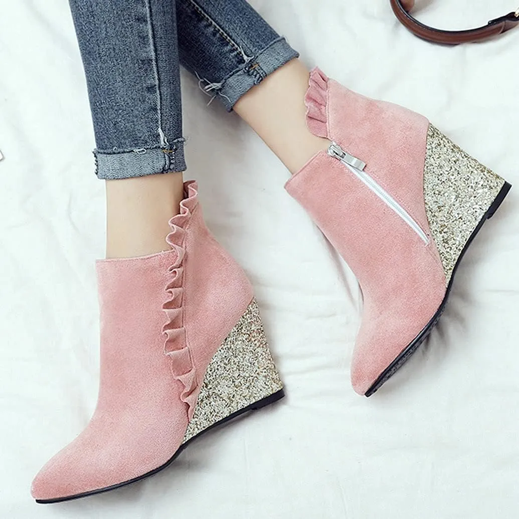 Meefit Women Glitter Wedge Ankle Boots Pointed Toe Sparkly High Heel Booties Ruffles