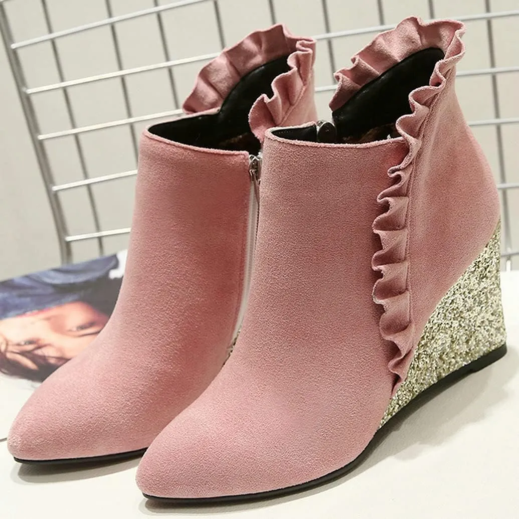 Meefit Women Glitter Wedge Ankle Boots Pointed Toe Sparkly High Heel Booties Ruffles