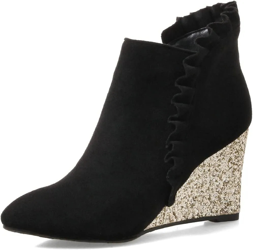 Meefit Women Glitter Wedge Ankle Boots Pointed Toe Sparkly High Heel Booties Ruffles